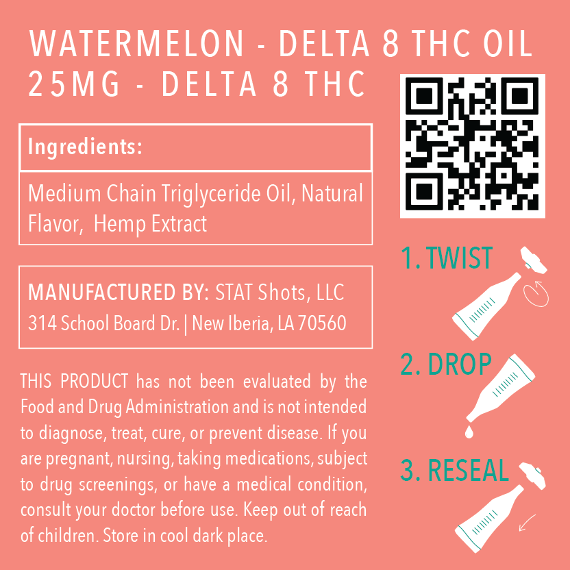 
            
                Load image into Gallery viewer, watermelon flavored delta 8 125mg oil manufacturer&amp;#39;s label
            
        
