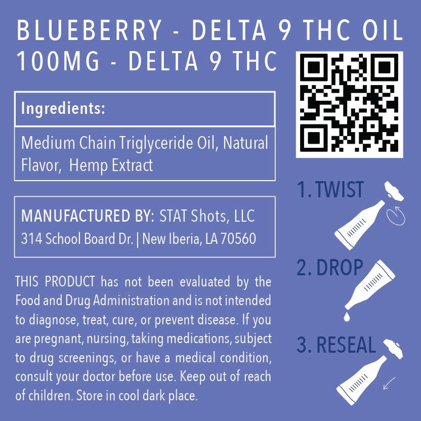 blueberry delta 9 oil 100mg manufacturer's label